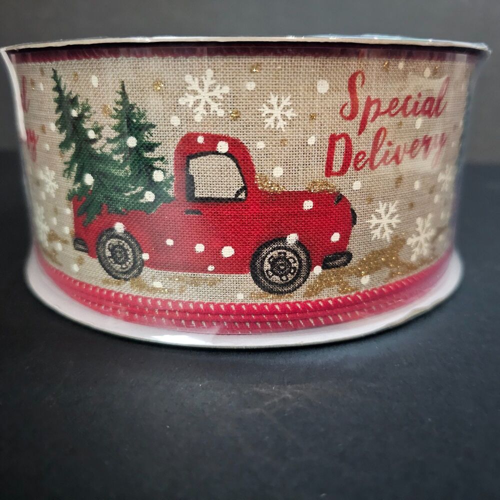 New Member's Mark Red Truck Christmas Premium Ribbon Wired 2.5 Inch 50 Yards